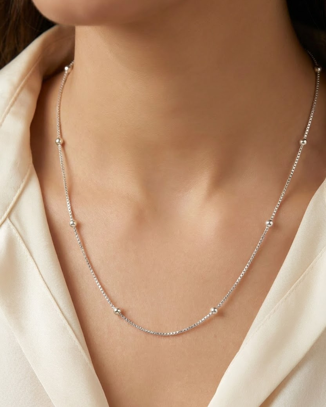 Beaded Box Chain Necklace Sterling Silver
