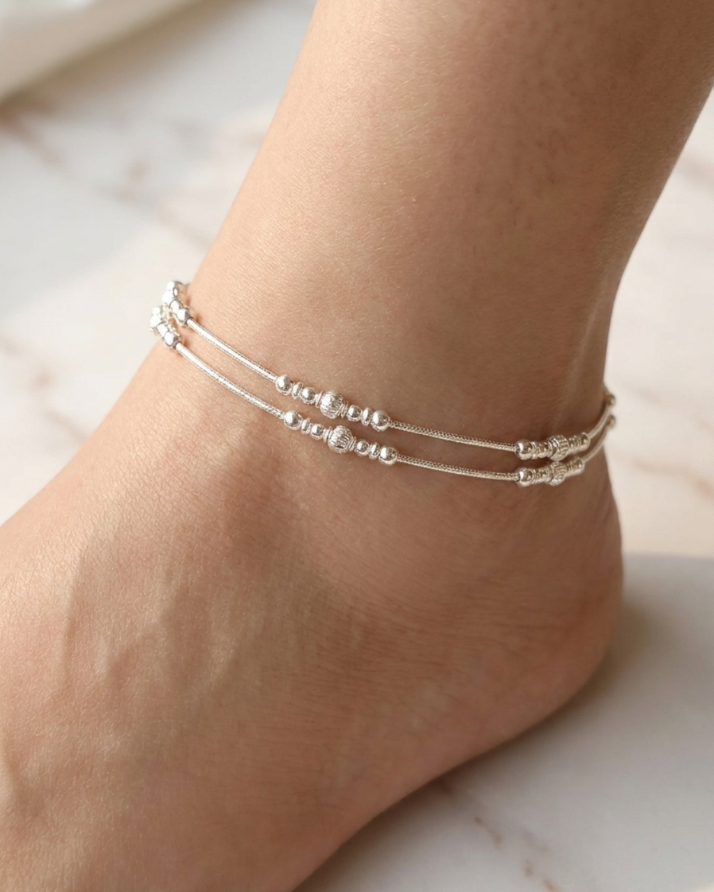 Double Layer Silver Bead Payal Anklet