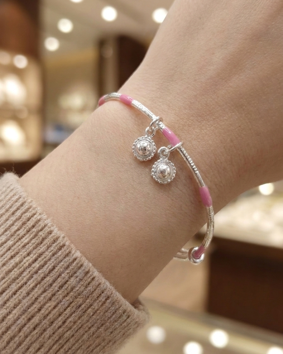 Pink Enamel Charm Silver Bangles