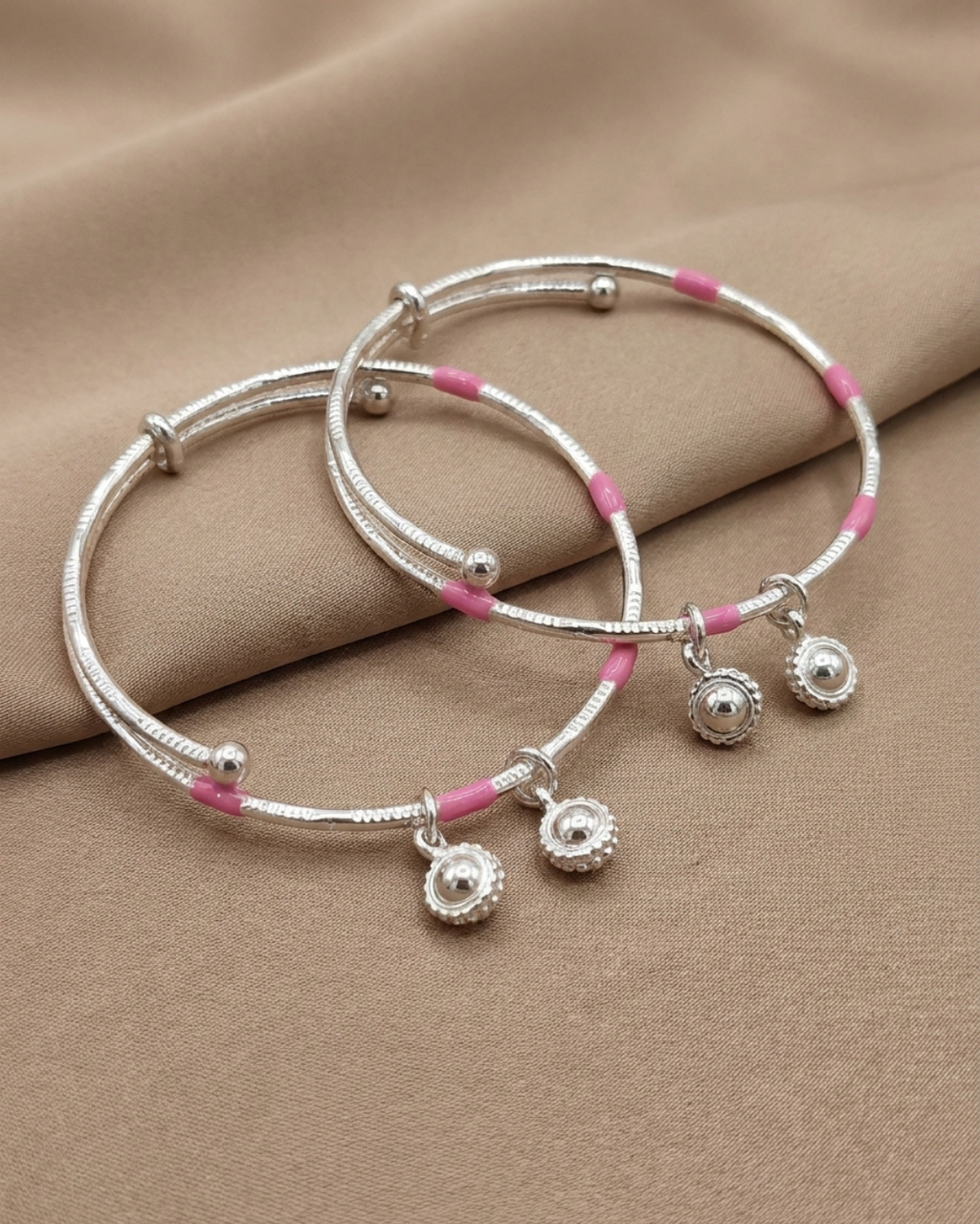 Pink Enamel Charm Silver Bangles