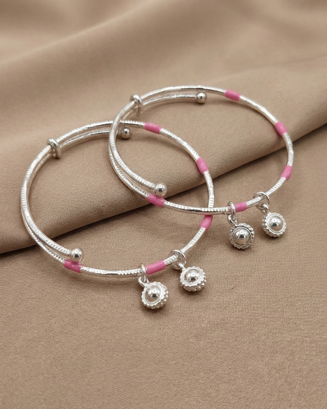 Pink Enamel Charm Silver Bangles