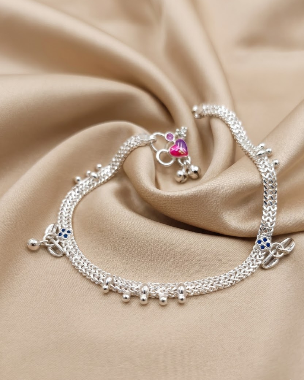 Pink Enamel Heart Ghungroo Silver Anklet