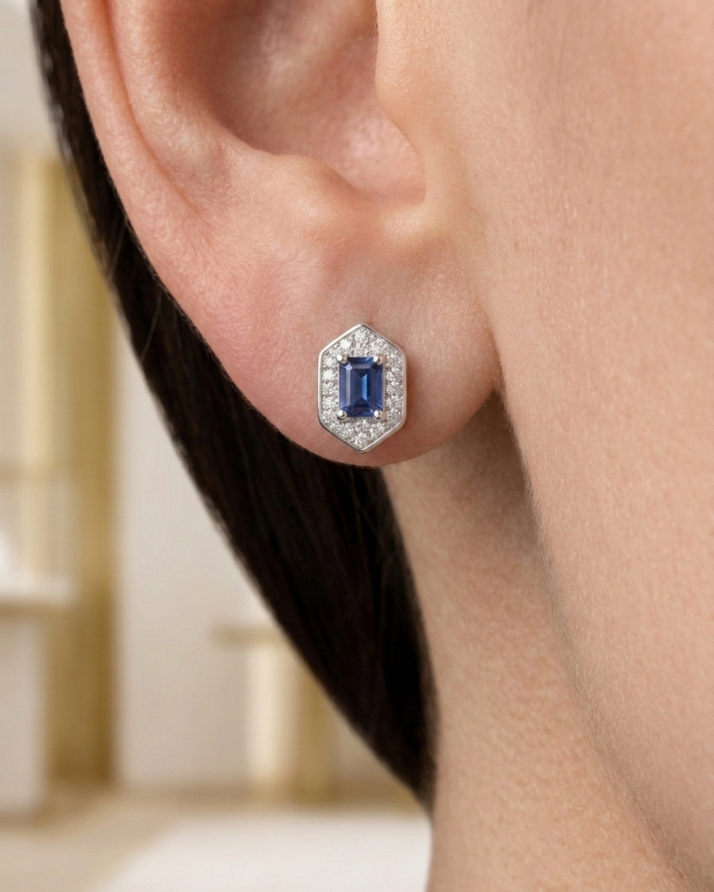 Emerald Cut Geometric Stud Earrings Sterling Silver