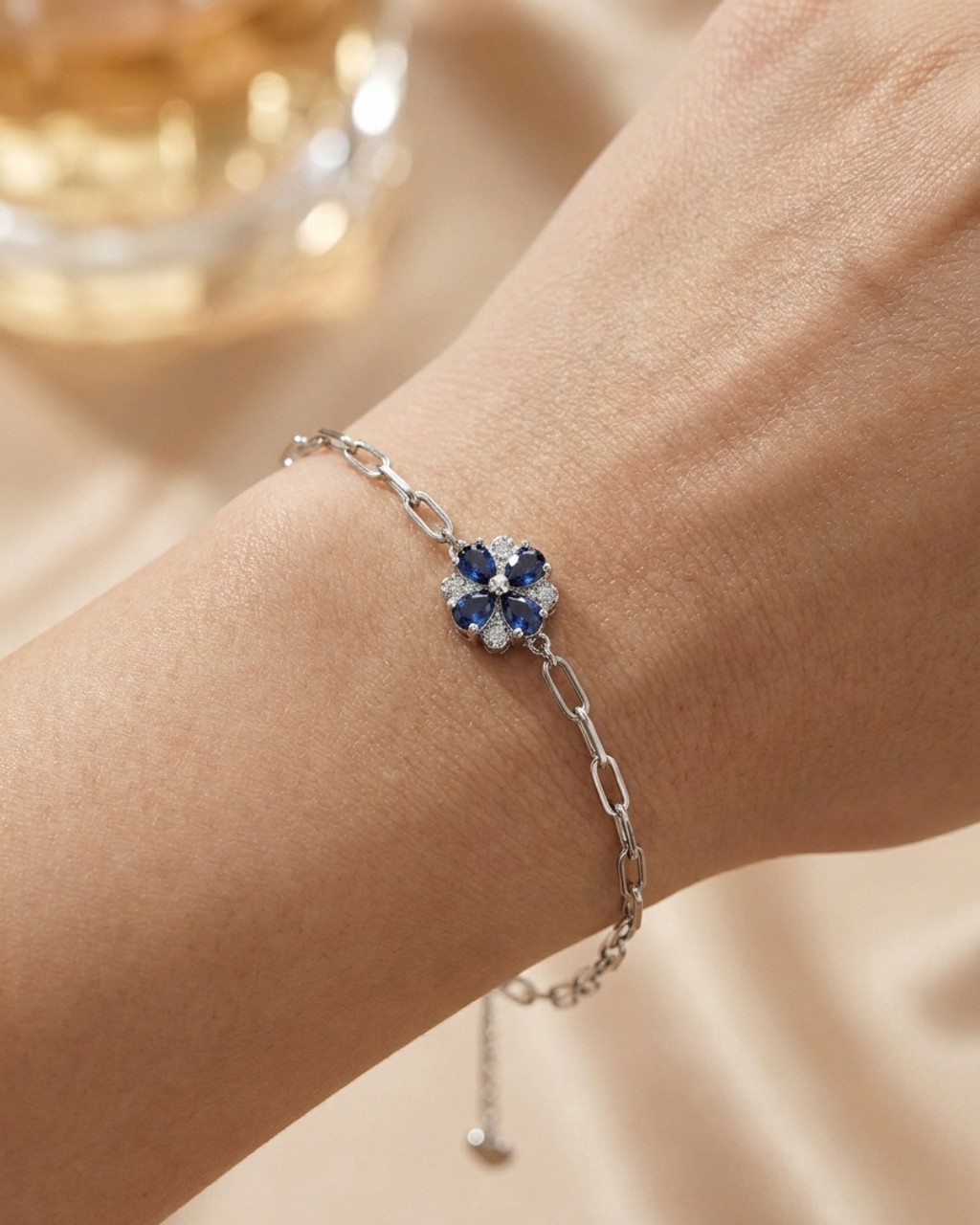 Sapphire Blue Clover Paperclip Bracelet