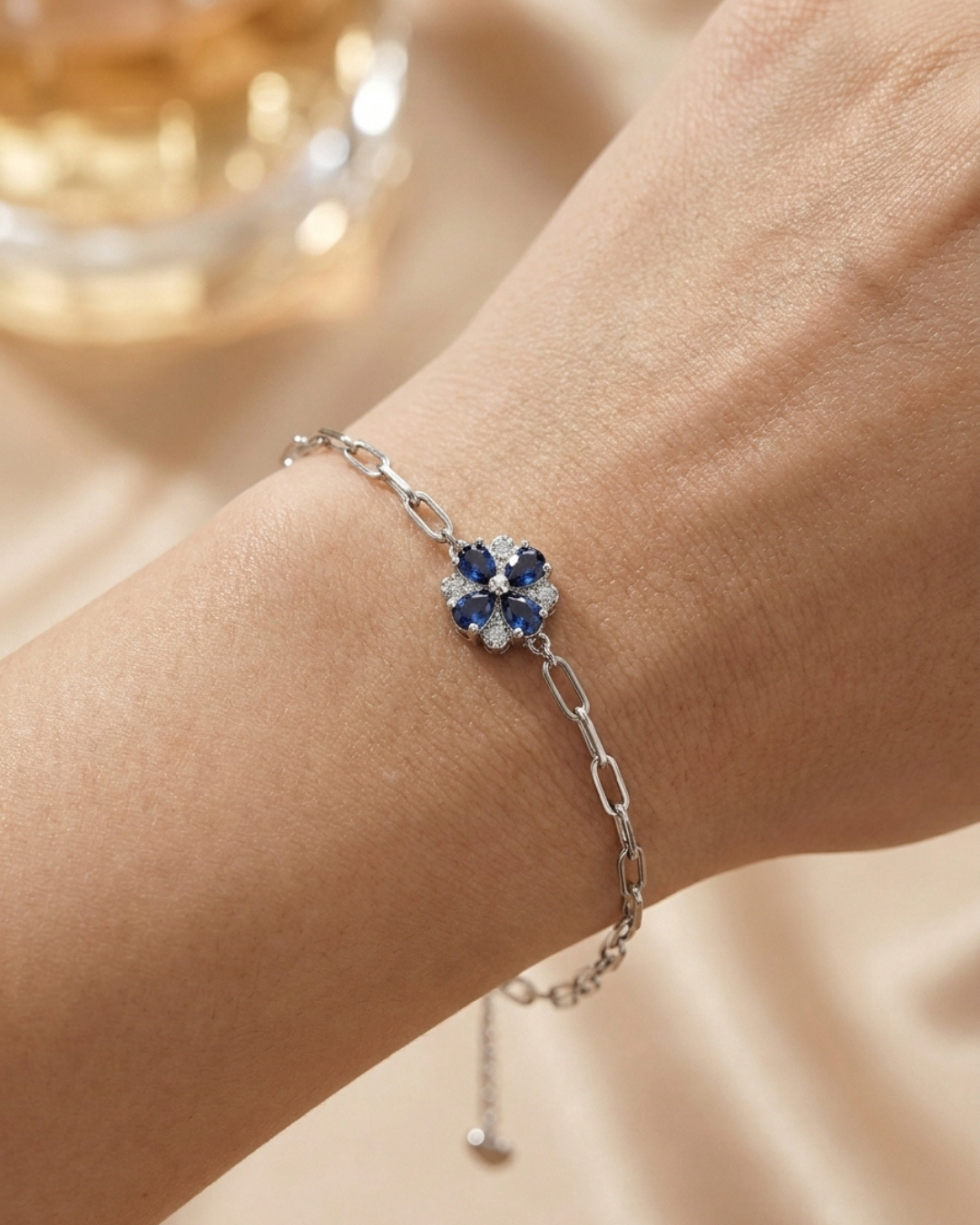 Sapphire Blue Clover Paperclip Bracelet