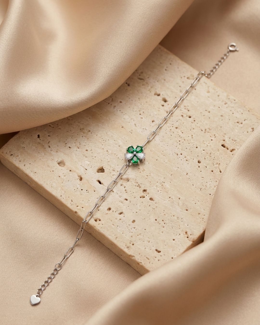Emerald Clover Paperclip Bracelet