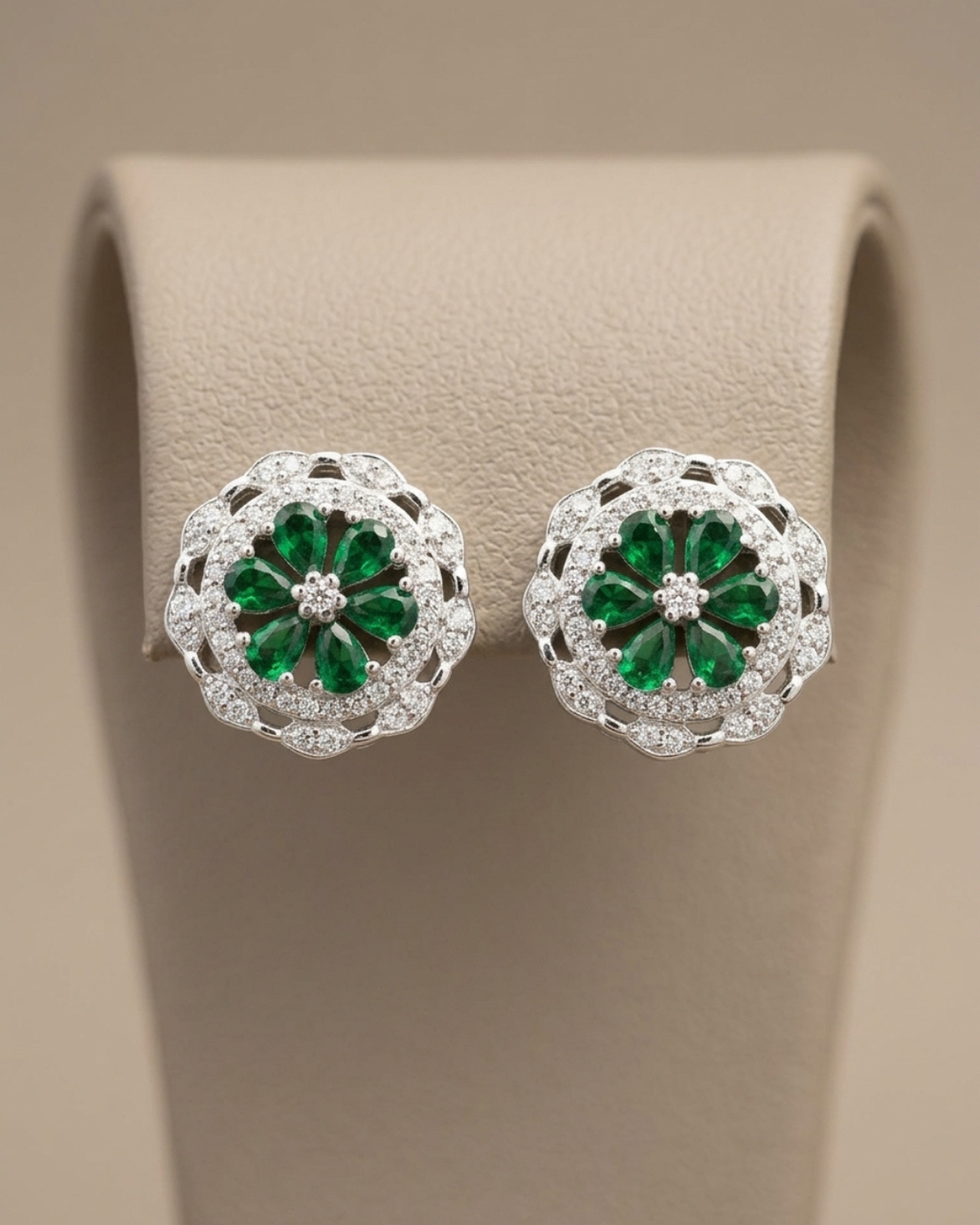 Floral Rosette Emerald Stud Earrings Sterling Silver
