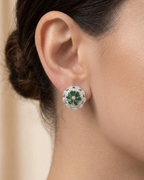 Floral Rosette Emerald Stud Earrings Sterling Silver