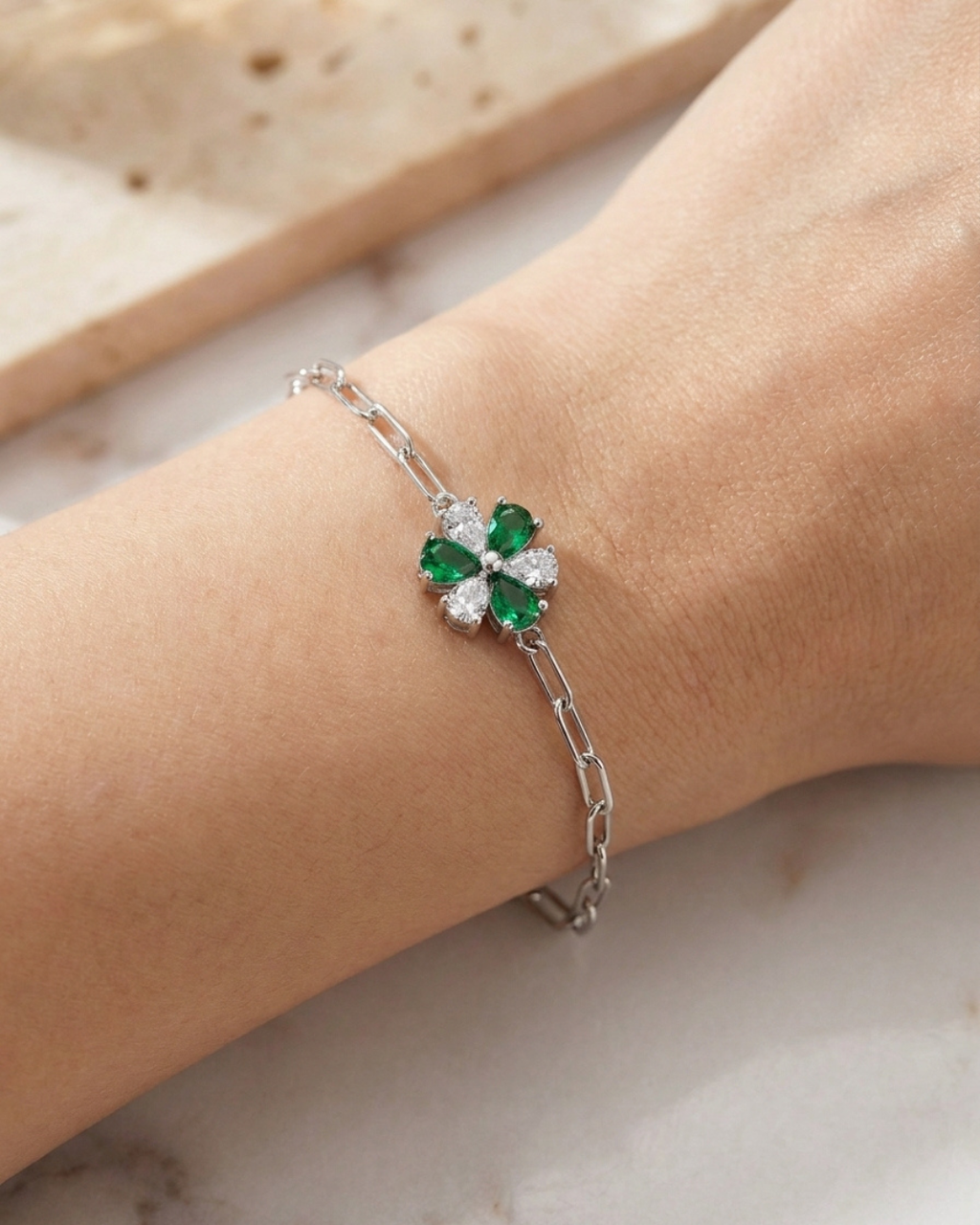 Emerald Clover Paperclip Bracelet