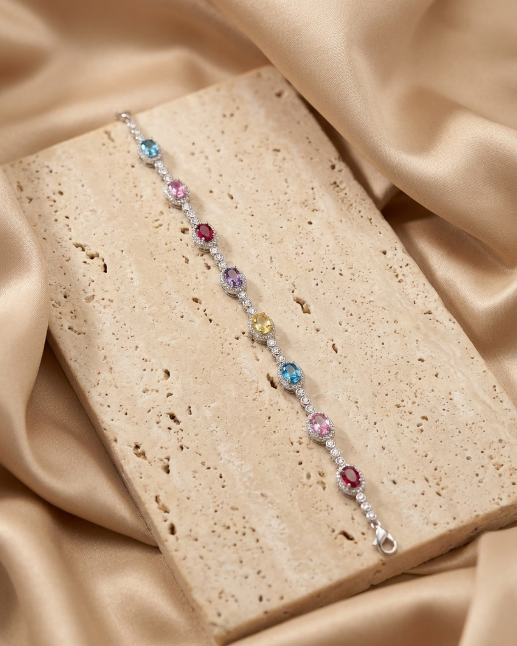 Pastel Rainbow Oval Halo Tennis Bracelet
