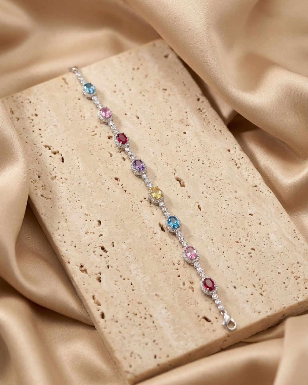 Pastel Rainbow Oval Halo Tennis Bracelet