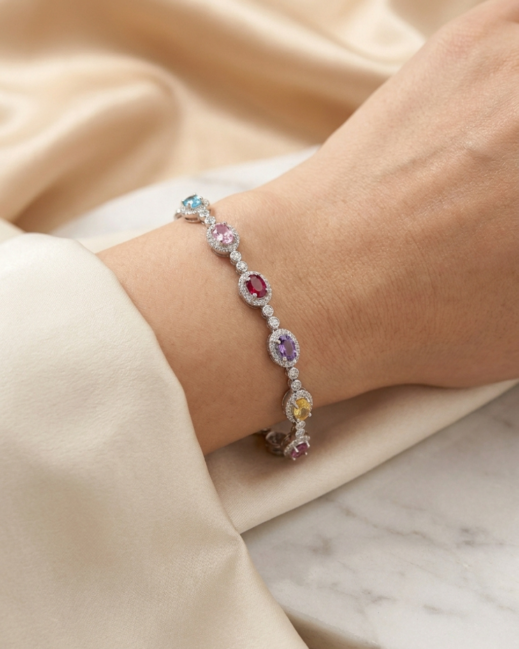 Pastel Rainbow Oval Halo Tennis Bracelet
