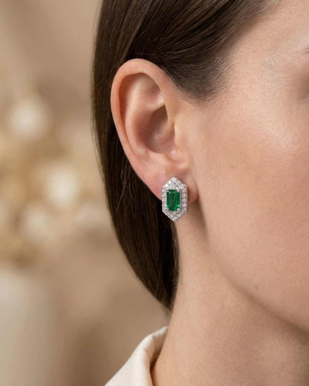Emerald Cut Geometric Stud Earrings Sterling Silver