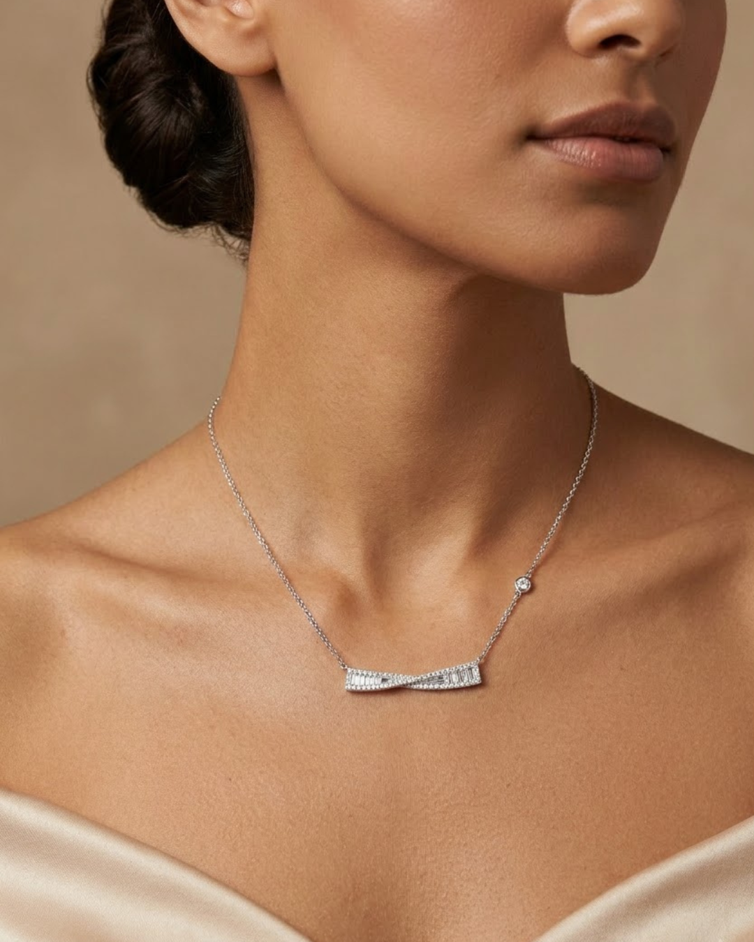 Twisted Baguette Crystal Necklace Silver