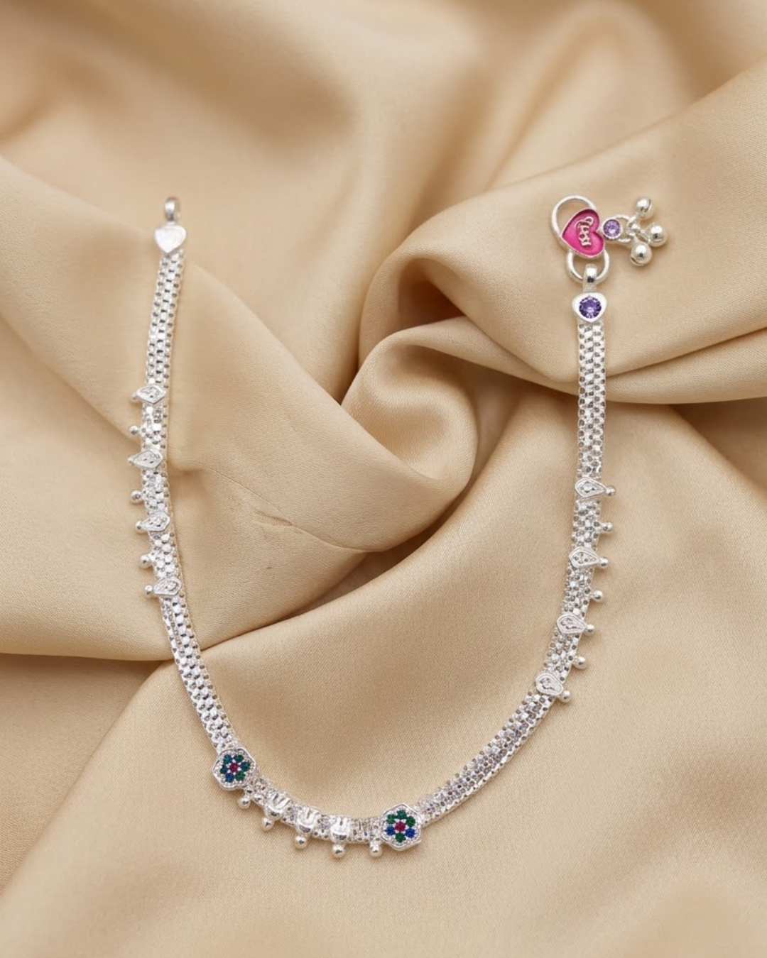 Multicolor Enamel Floral Silver Anklet