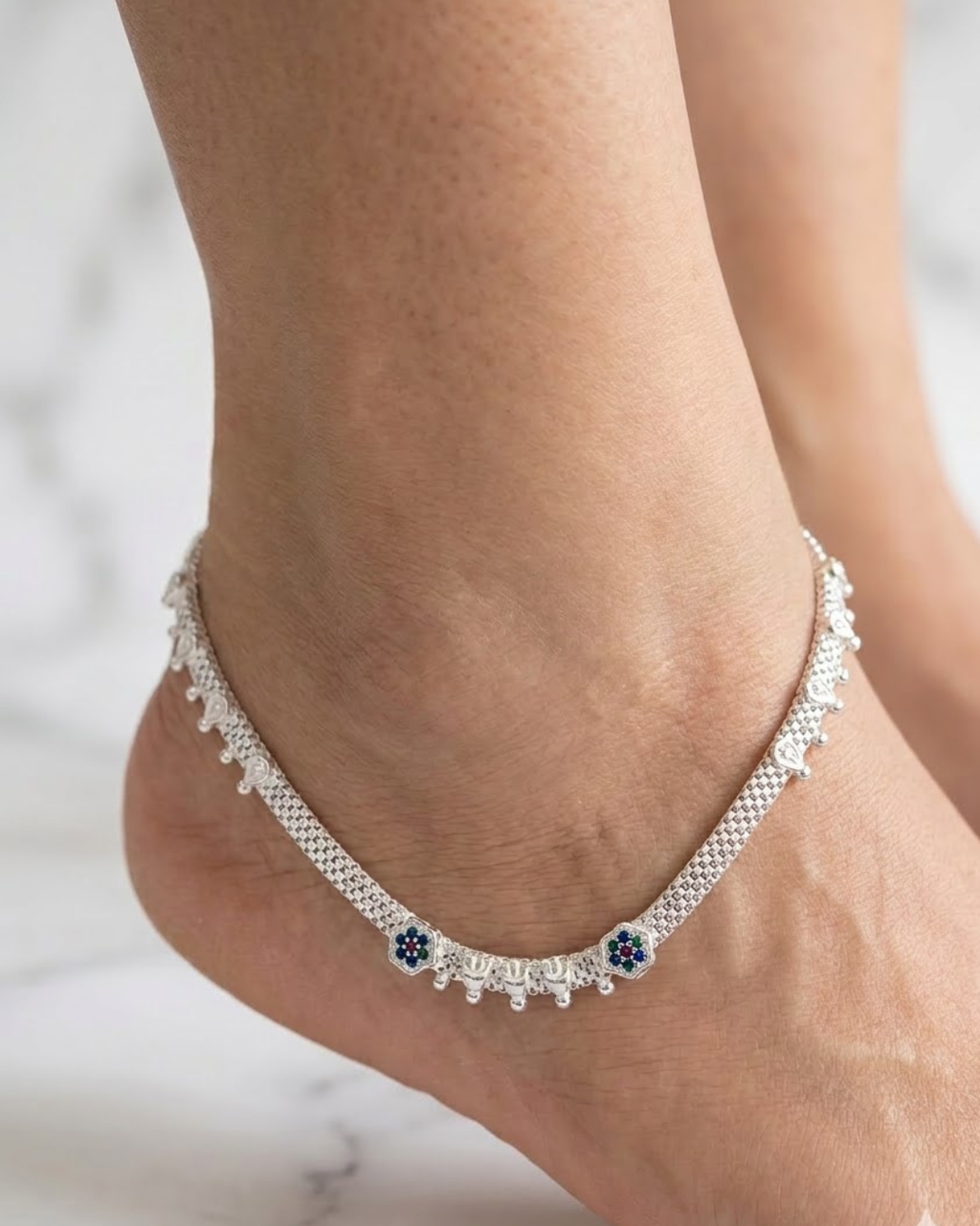 Multicolor Enamel Floral Silver Anklet