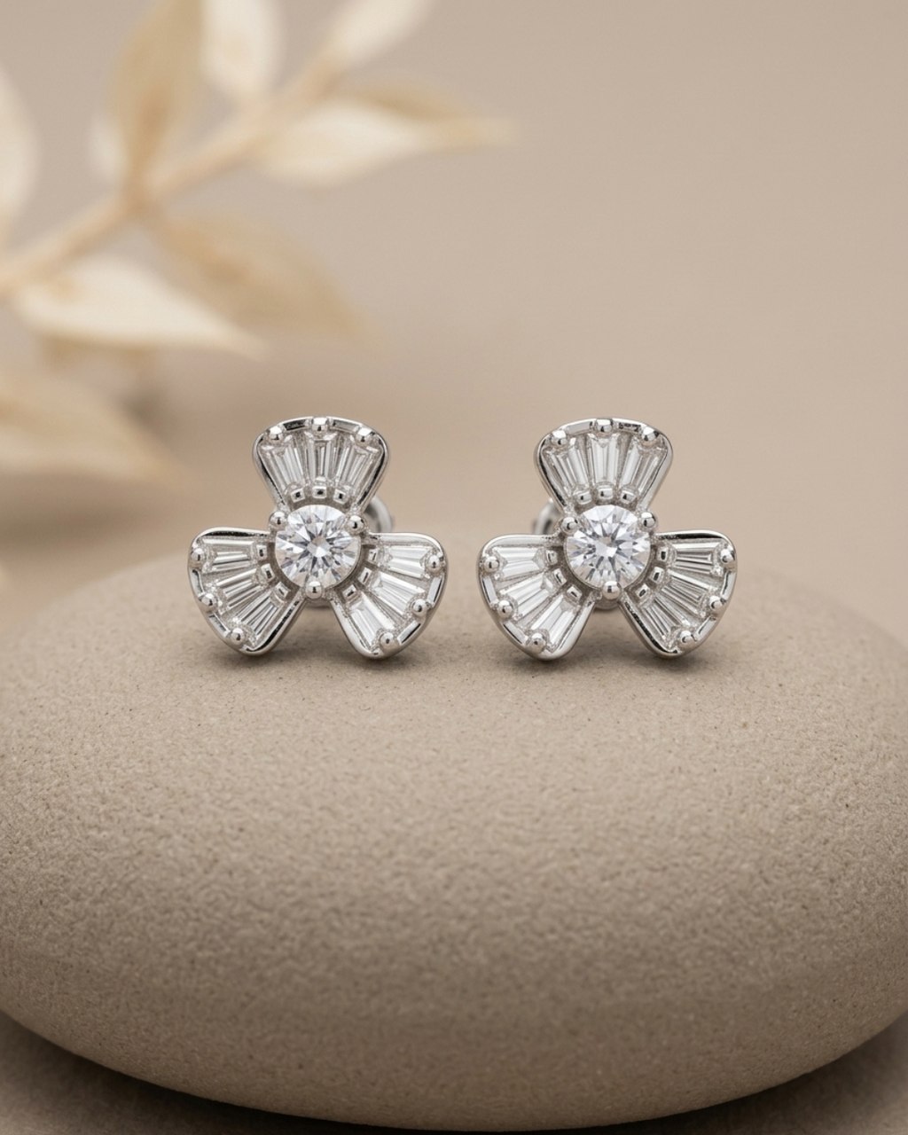 Three Petal Flower Stud Earrings Sterling Silver