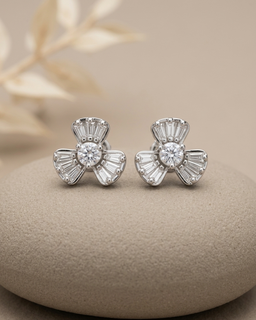 Three Petal Flower Stud Earrings Sterling Silver