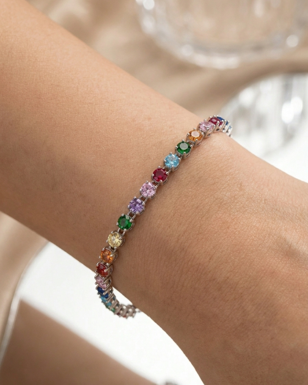 Pastel Rainbow Oval Halo Tennis Bracelet