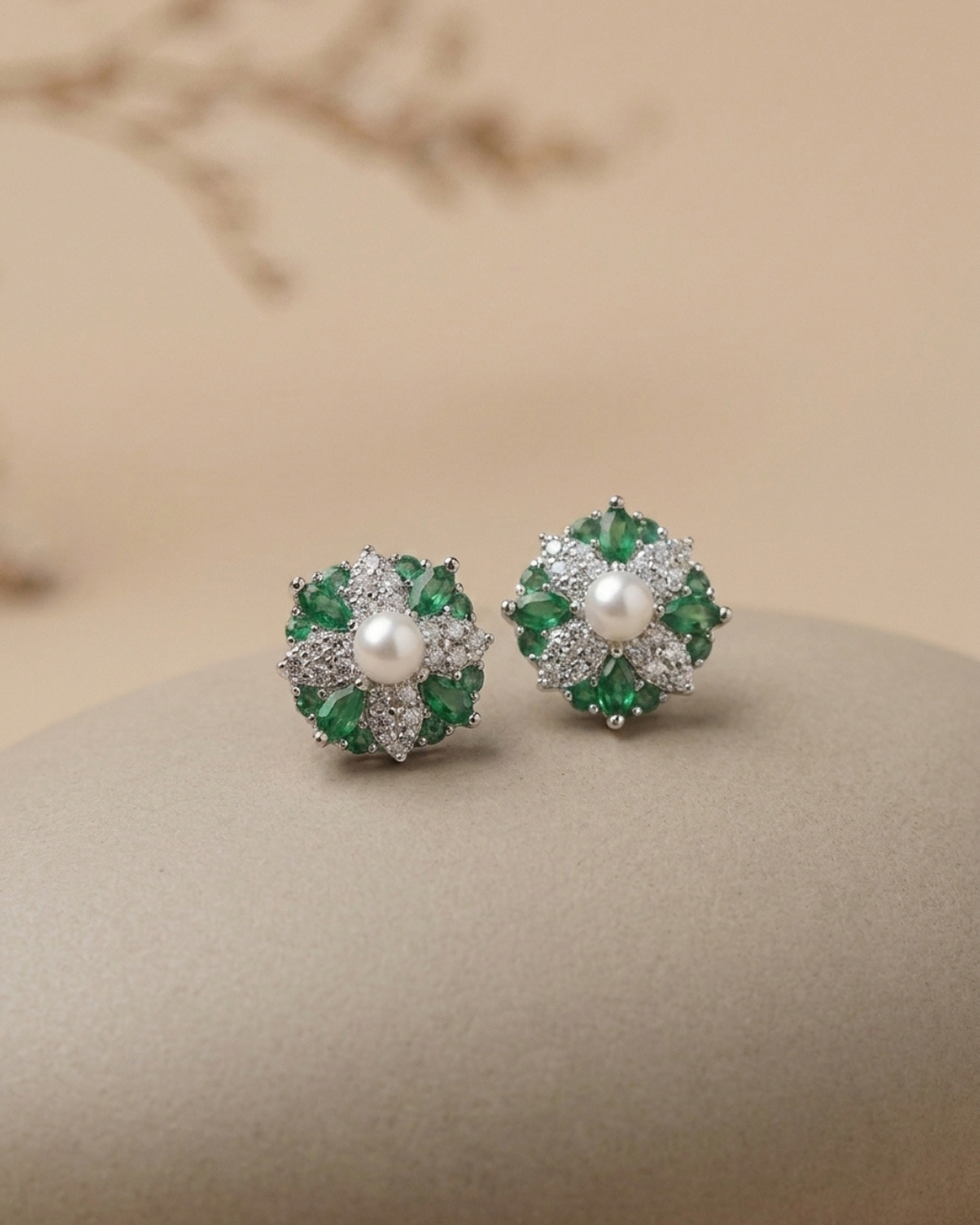 Pearl Emerald Stud Earrings Sterling Silver