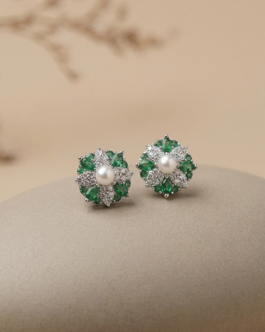 Pearl Emerald Stud Earrings Sterling Silver