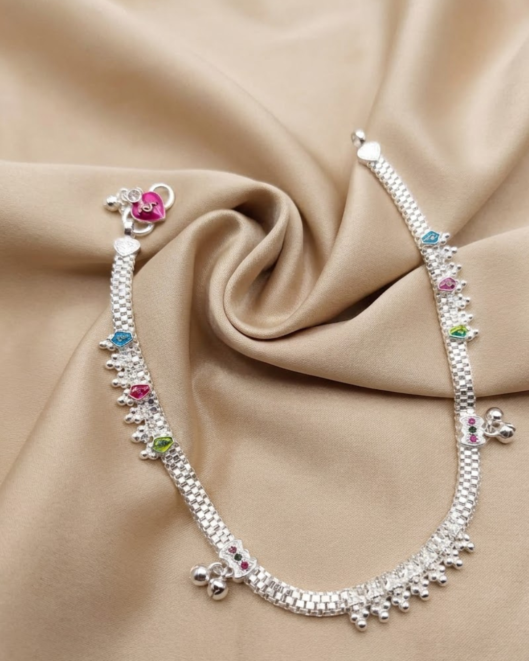 Rainbow Enamel Leaf Silver Anklet