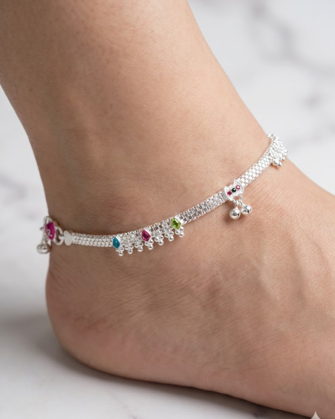 Rainbow Enamel Leaf Silver Anklet