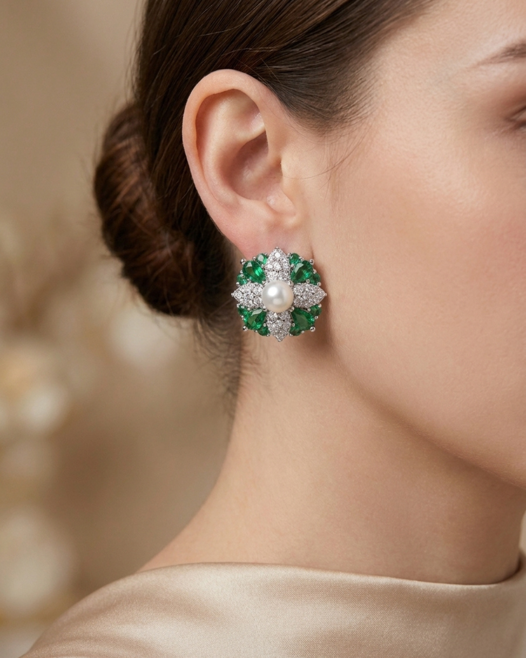 Pearl Emerald Stud Earrings Sterling Silver