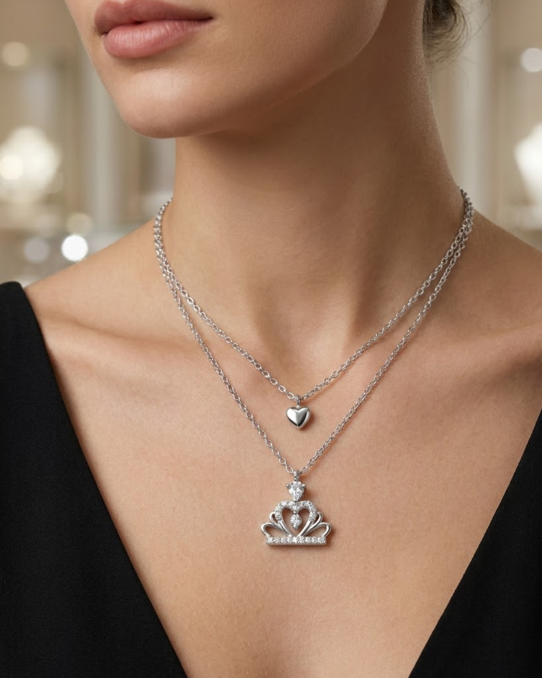 Layered Crown Charm Women's Necklace Sterling Silver