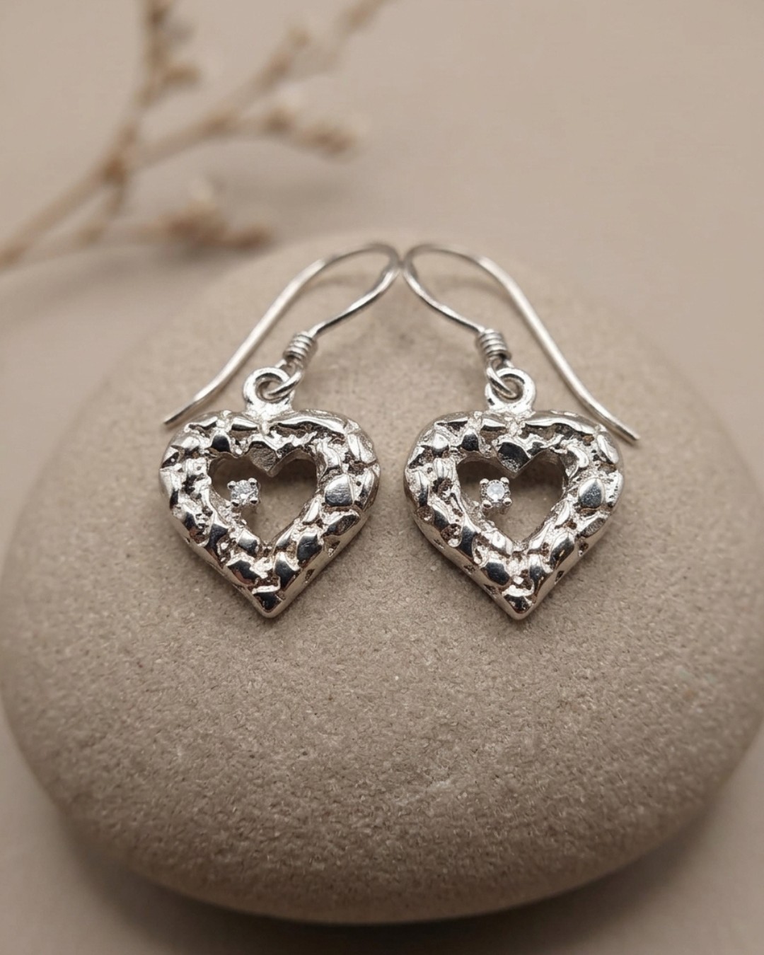 Textured Heart Drop Earrings Sterling Silver