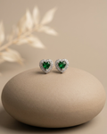 Heart Emerald Halo Stud Earrings Sterling Silver