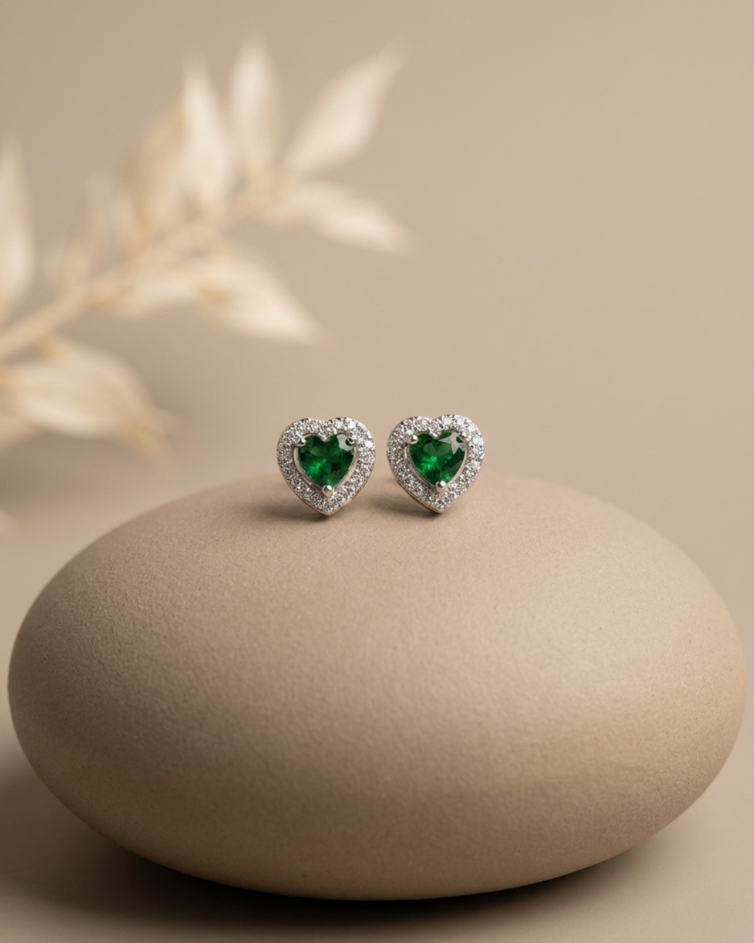 Heart Emerald Halo Stud Earrings Sterling Silver