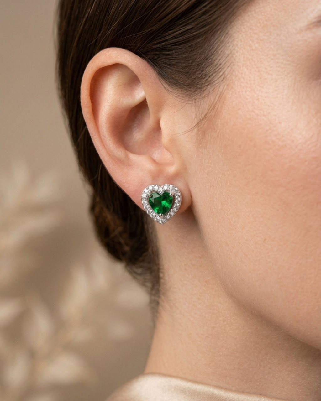 Heart Emerald Halo Stud Earrings Sterling Silver