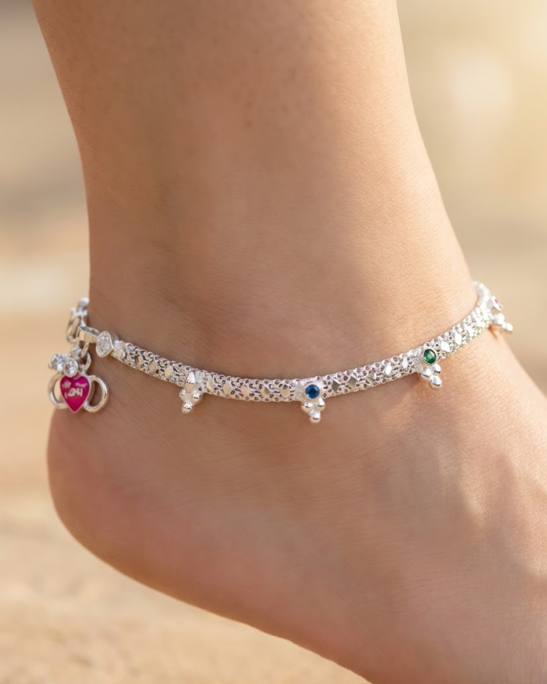 Multicolor Stone Station Anklet Sterling Silver