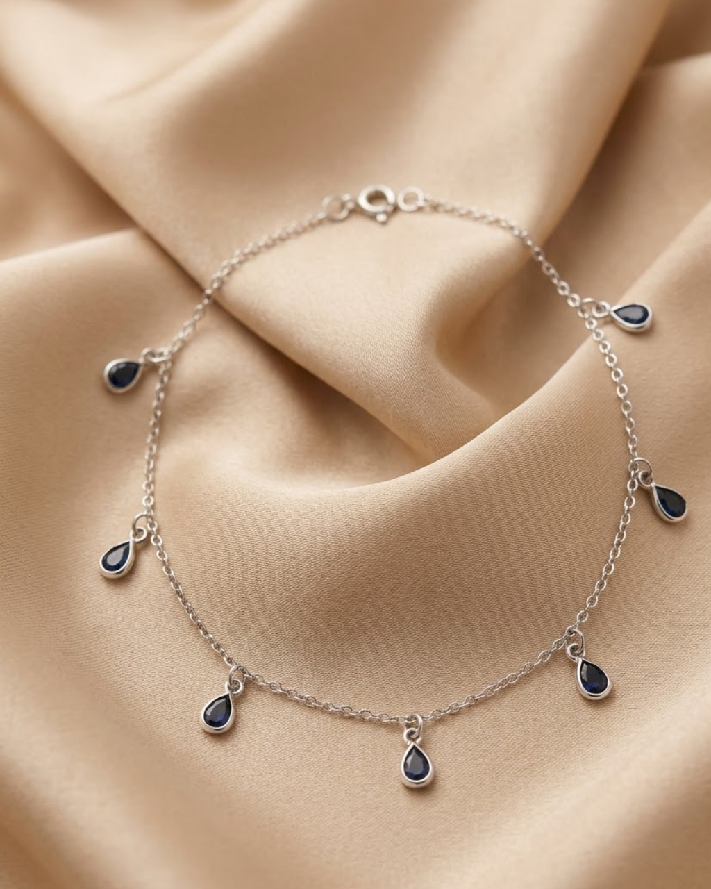 Sapphire Teardrop Charm Anklet Sterling Silver