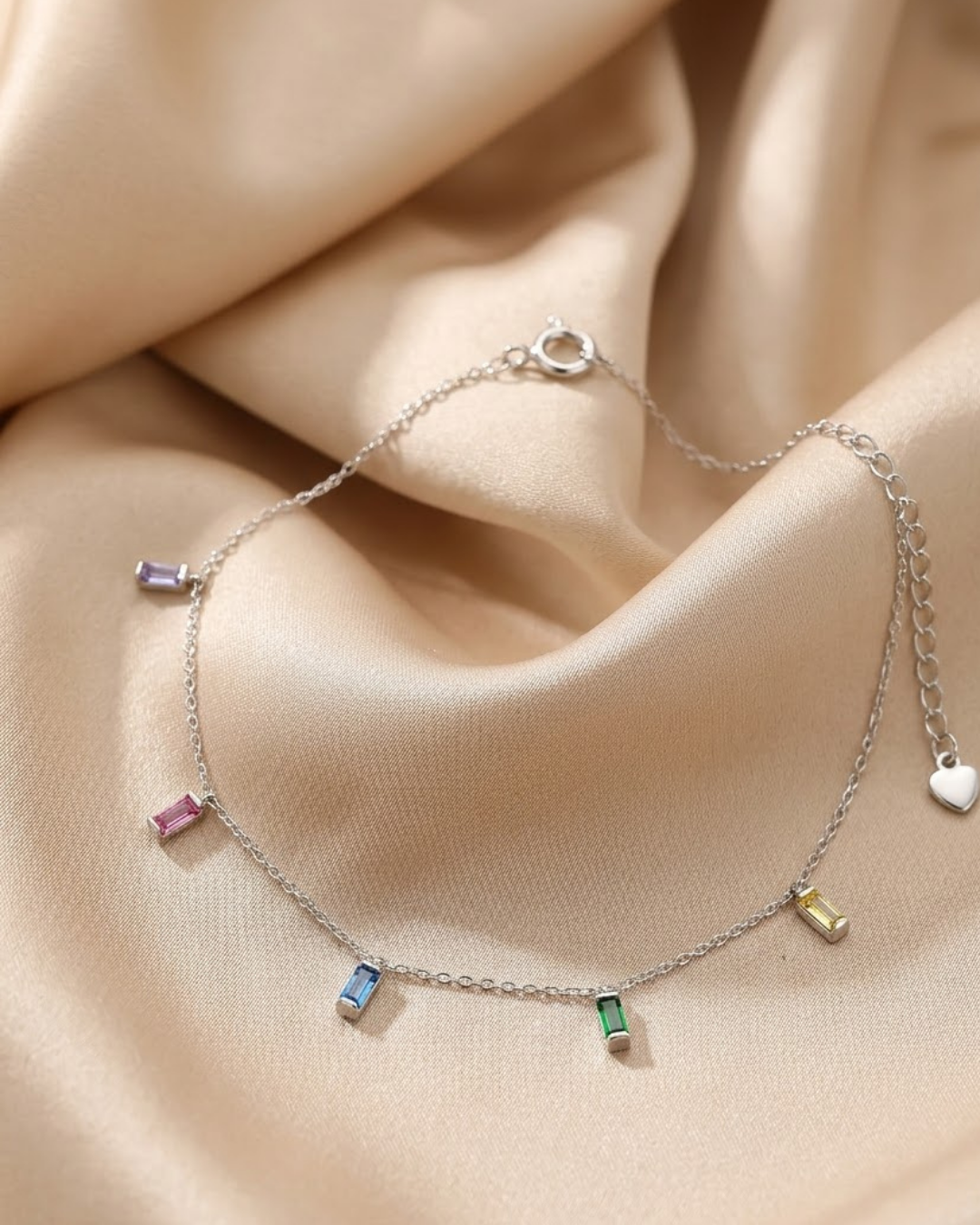 Multicolor Baguette Anklet Sterling Silver