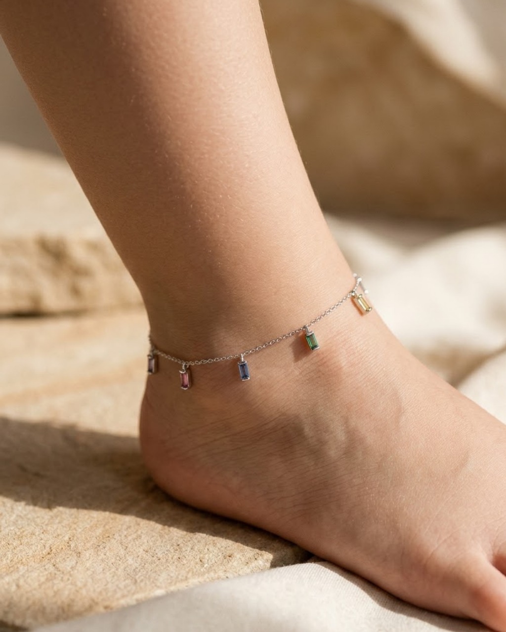 Multicolor Baguette Anklet Sterling Silver