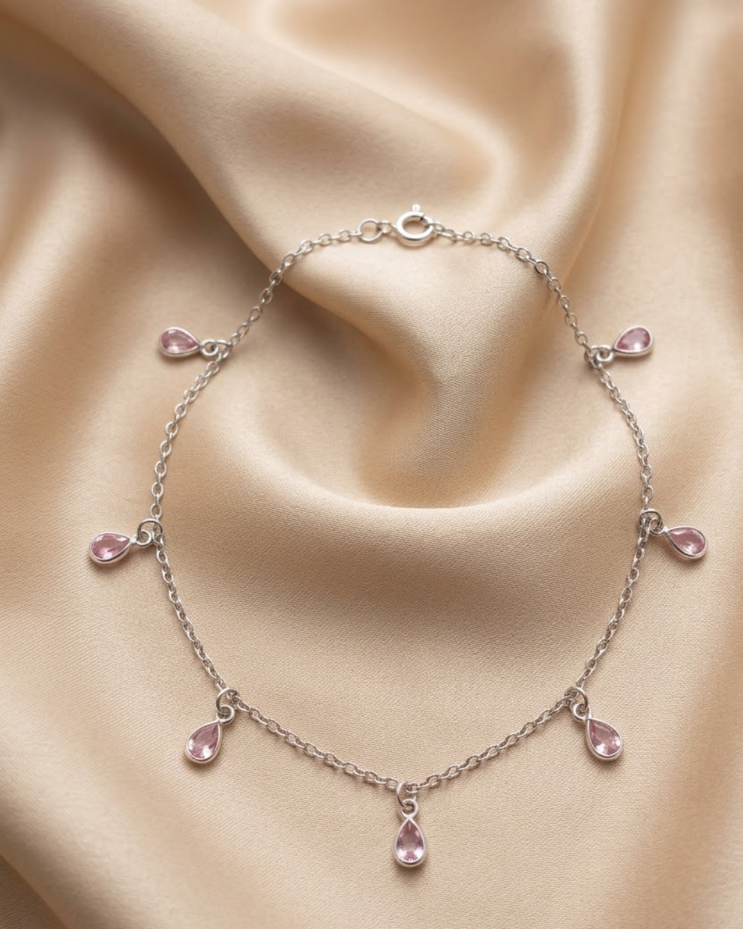 Pink Teardrop Anklet Sterling Silver
