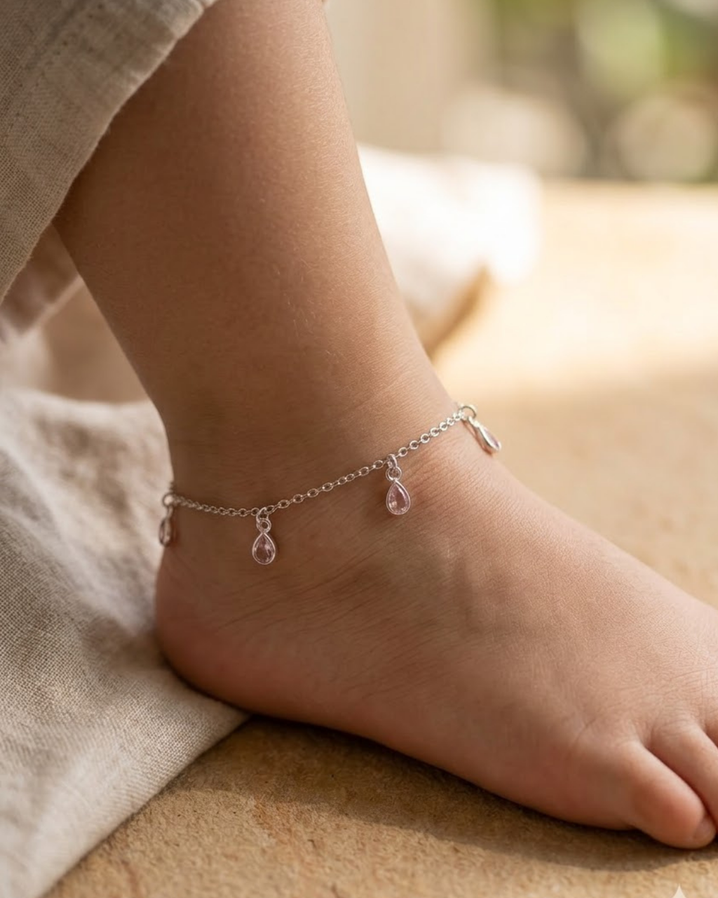 Pink Teardrop Anklet Sterling Silver