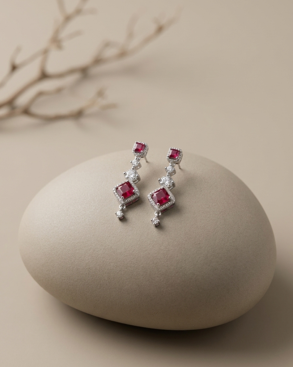 Princess Cut Ruby Geometric Drop Stud Earrings Sterling Silver