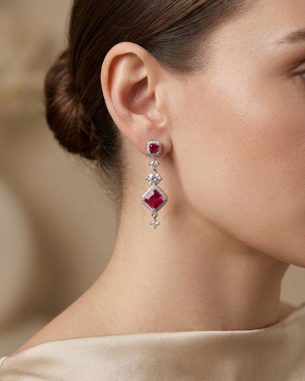Princess Cut Ruby Geometric Drop Stud Earrings Sterling Silver