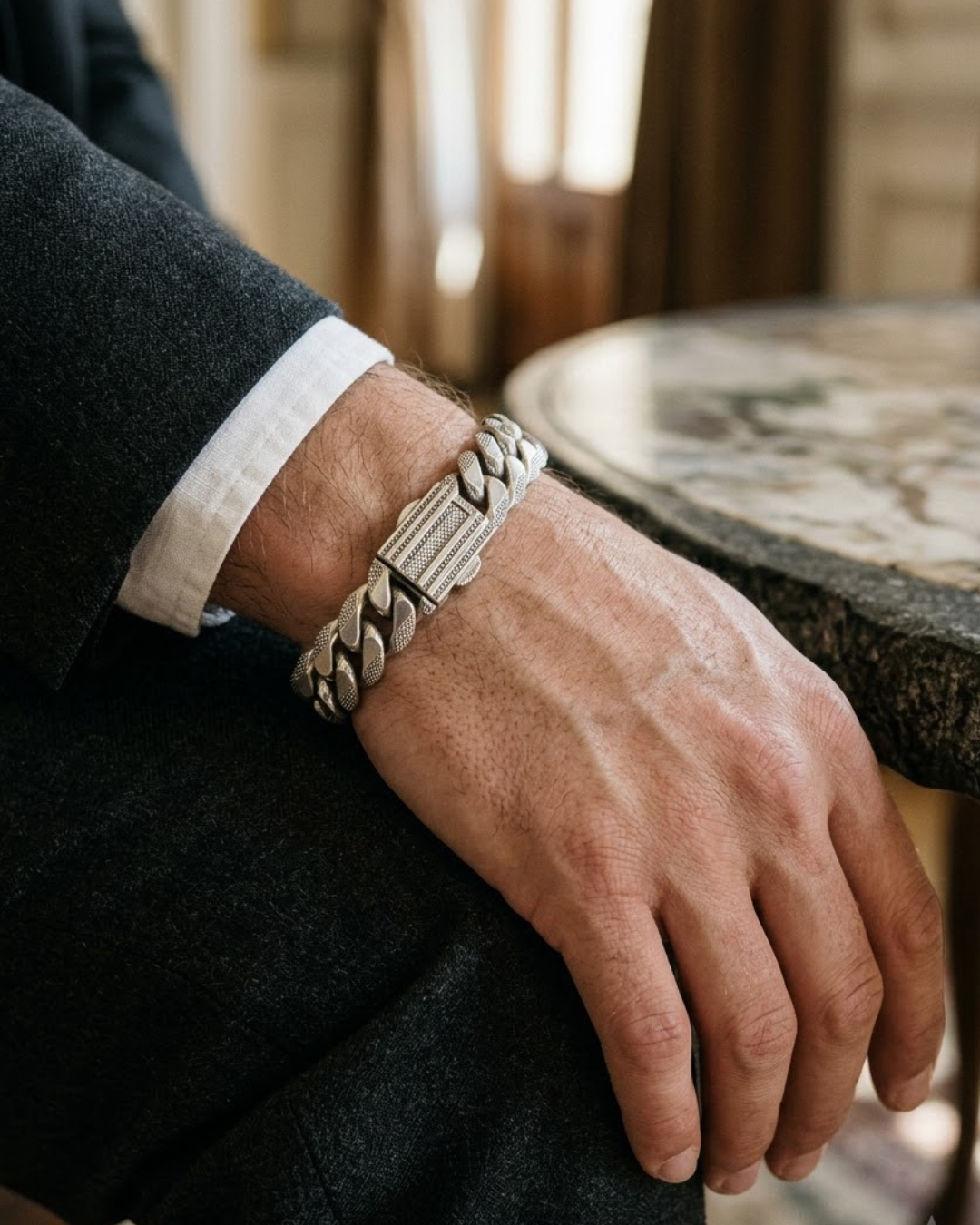 Textured Cuban Men's Bracelet Sterling Silver
