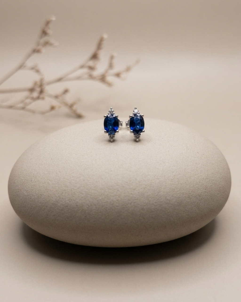 Oval Blue Sapphire Studs Earring Sterling Silver