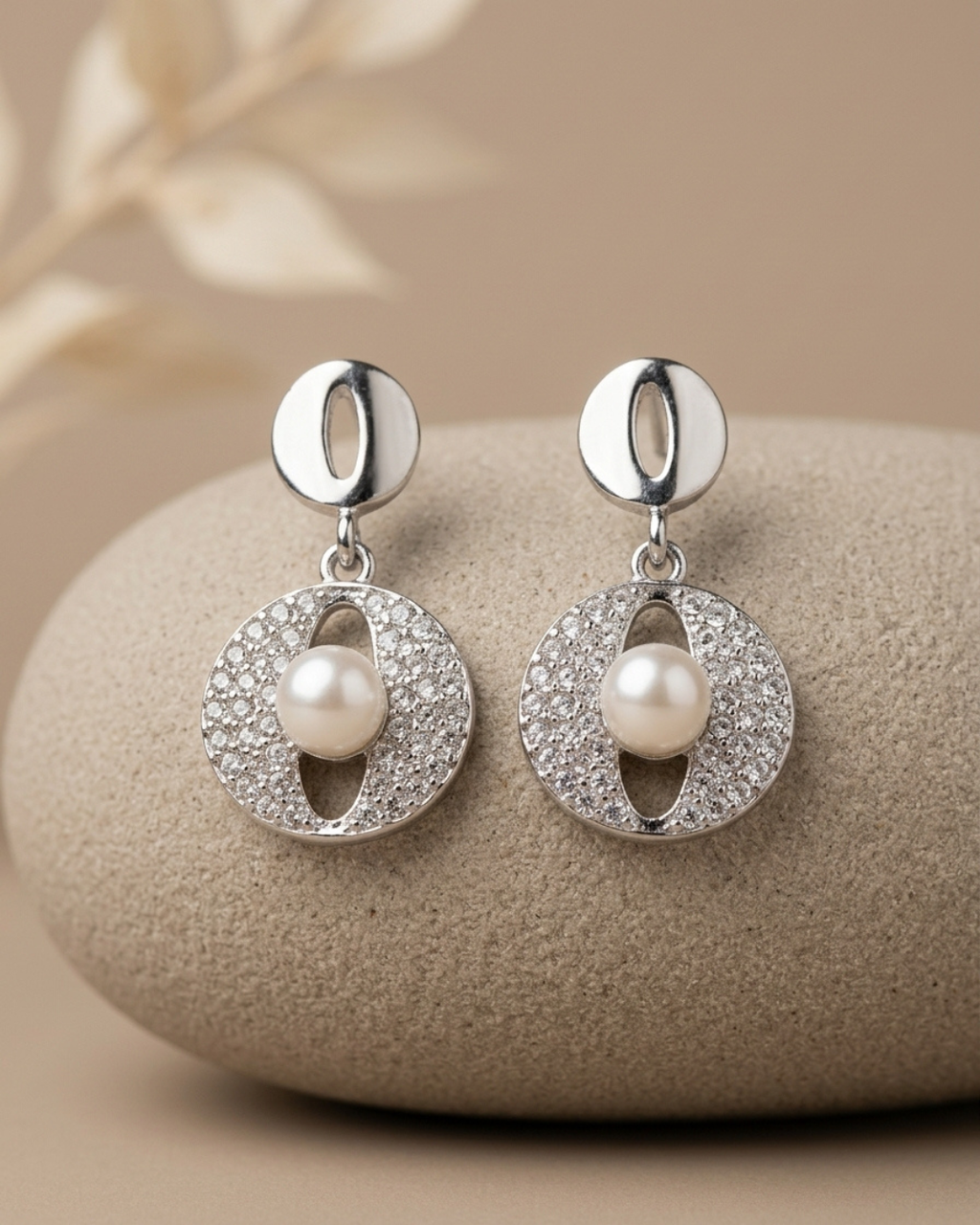 Geometric Oval Pearl Drop Stud Earrings Sterling Silver