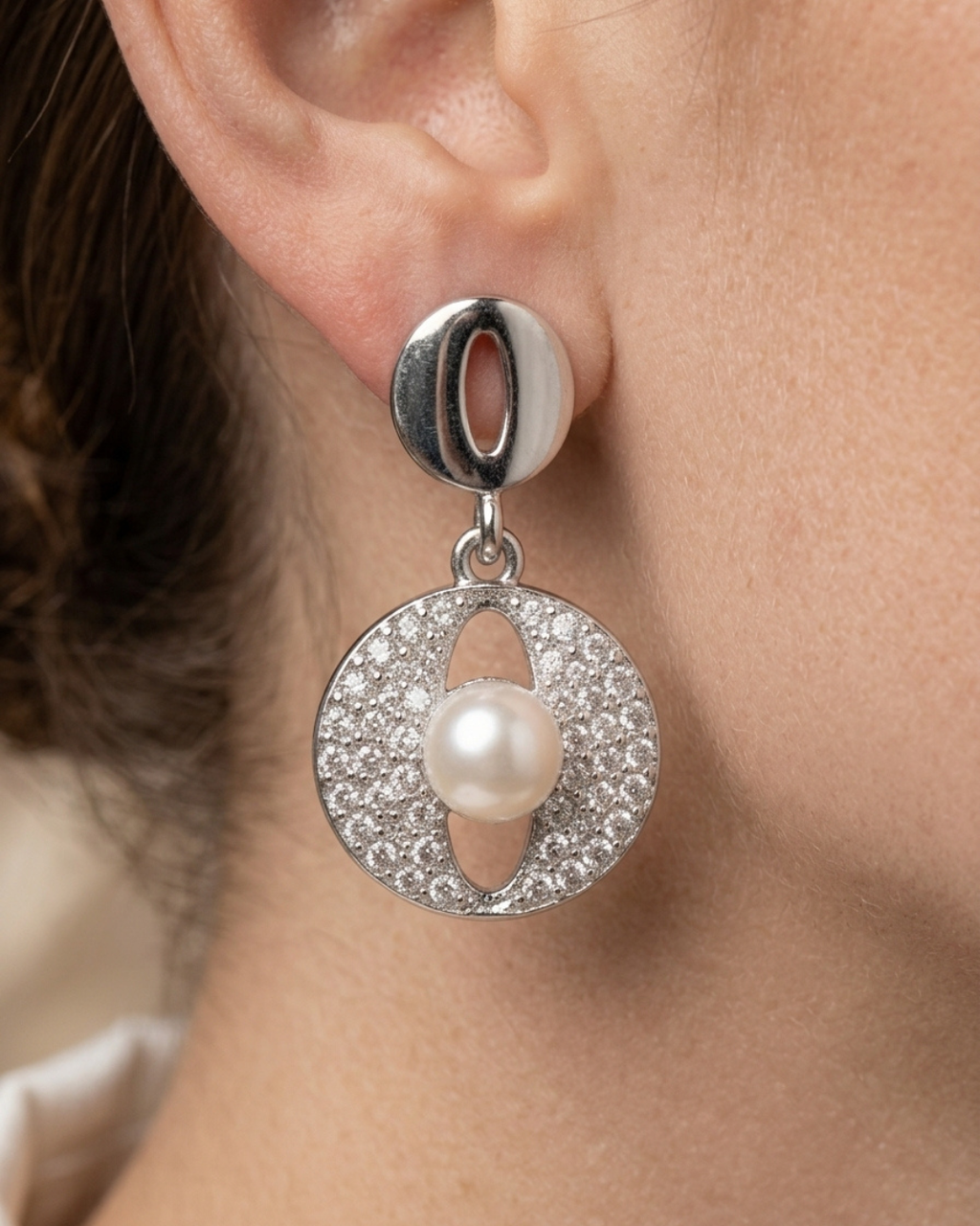 Geometric Oval Pearl Drop Stud Earrings Sterling Silver