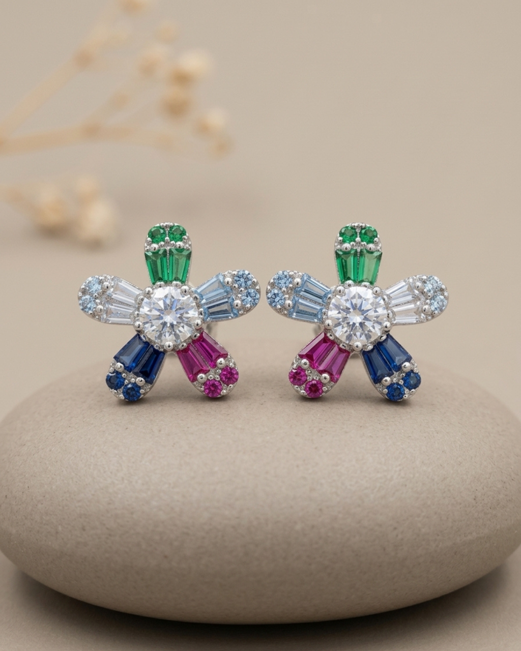 Multicolor Flower Earrings Sterling Silver