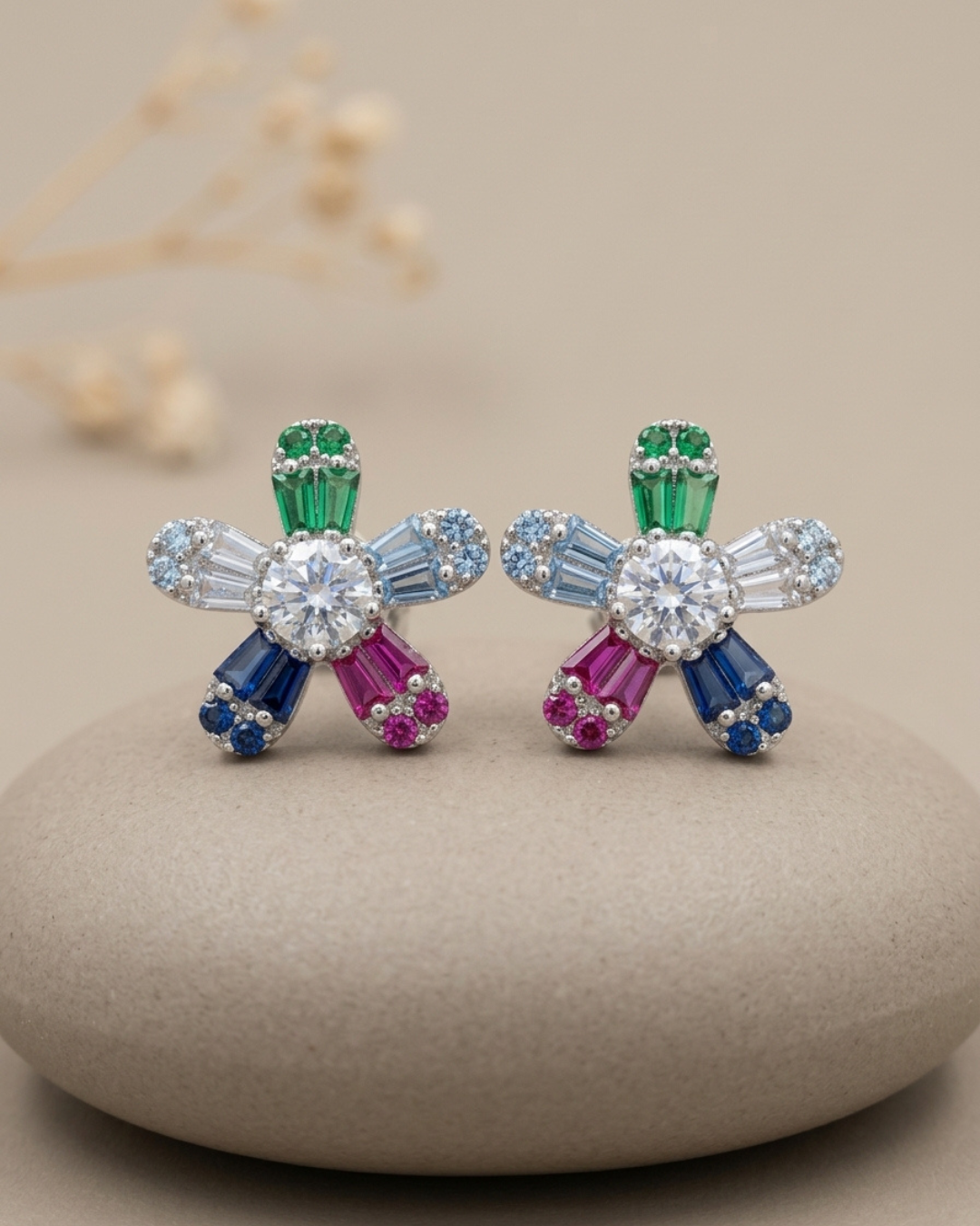 Multicolor Flower Earrings Sterling Silver