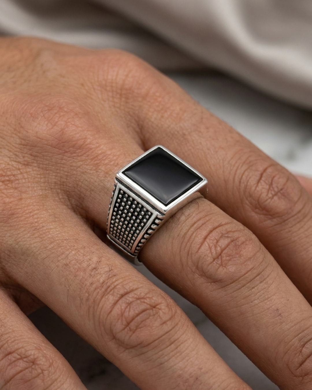 Iron Grid Obsidian Ring