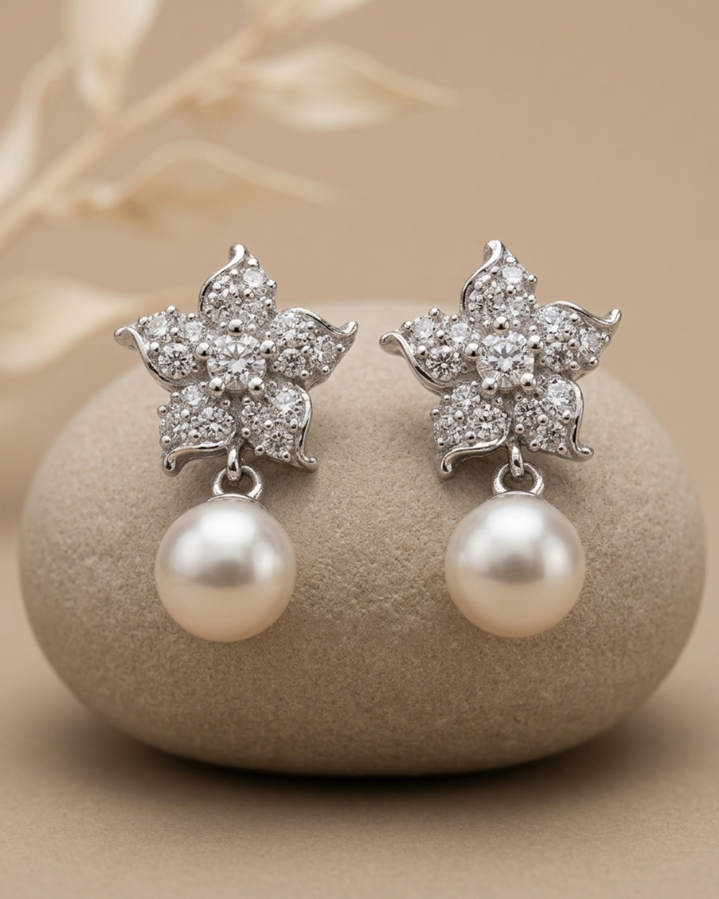 Floral Pearl Studs Earring Sterling Silver