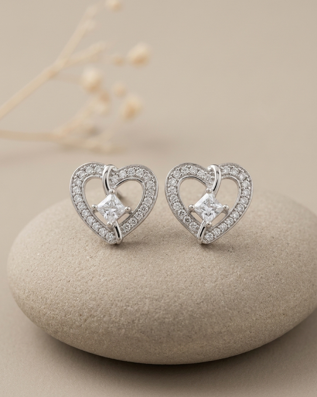 Princess Cut Heart Earrings Sterling Silver